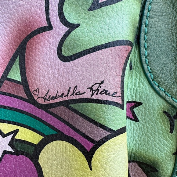 Isabella Fiore Love Dove Tattoo Bag Green Leather Hand Painted Signed HTF RARE - Picture 3 of 14